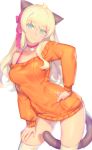  1girl animal_ears bangs blonde_hair blue_eyes blush breasts cat_ears cat_tail closed_mouth contrapposto eyebrows_visible_through_hair fiodo hand_on_hip large_breasts long_hair long_sleeves looking_at_viewer off-shoulder_sweater orange_sweater original simple_background smile solo sweater tail thigh-highs thighs white_background white_legwear 