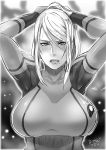  1girl armpits arms_behind_head arms_up artist_name bodysuit breasts butcha-u highres large_breasts looking_at_viewer metroid mole mole_under_mouth monochrome samus_aran solo sweat upper_body zero_suit 