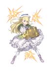  1girl :o blonde_hair blue_eyes bow braid briefcase chains dress firing flower frilled_dress frills full_body gloves green_dress hat hat_flower highres long_hair looking_at_viewer monica_golding official_art princess_principal princess_principal_game_of_mission solo standing umbrella_gun very_long_hair white_gloves white_hat white_legwear white_umbrella wind wind_lift 