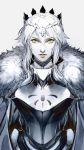  1girl armor artoria_pendragon_(all) artoria_pendragon_(lancer) bangs breastplate cape closed_mouth cross cross_hair_ornament crown diadem fate/grand_order fate_(series) fur_trim green_eyes grey_background greyscale hair_between_eyes hair_ornament highres long_hair looking_at_viewer monochrome plate_armor serious simple_background solo spot_color upper_body yosi135 
