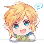  1boy :d asymmetrical_bangs bangs blonde_hair blue_eyes chibi commentary_request crossed_arms english eyebrows_visible_through_hair green_shirt link long_sleeves looking_at_viewer male_focus open_mouth pointy_ears shangguan_feiying shirt simple_background smile solo speech_bubble the_legend_of_zelda white_background 