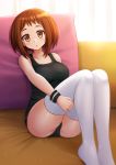  1girl :o bare_shoulders black_panties boku_no_hero_academia breasts brown_eyes brown_hair couch full_body half-closed_eyes highres indoors kazenokaze large_breasts looking_at_viewer open_mouth panties pillow sitting solo tank_top thigh-highs underwear uraraka_ochako wristband 