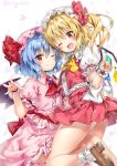  2girls ;) ;d ascot bangs bat_wings black_wings blonde_hair blue_hair blush bow brooch brown_eyes brown_shoes eyebrows_visible_through_hair flandre_scarlet frills hat hat_bow jewelry loafers looking_at_viewer mob_cap multiple_girls one_eye_closed open_mouth pink_hat pink_skirt pleated_skirt puffy_short_sleeves puffy_sleeves red_bow red_skirt remilia_scarlet riichu shoes short_hair short_sleeves side_ponytail skirt skirt_set smile socks star touhou twitter_username white_background white_hat white_legwear wings 