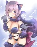  1girl animal_ears bangs black_legwear black_panties blush breasts claw_pose cleavage collarbone cowboy_shot elbow_gloves eyebrows_visible_through_hair fate/grand_order fate_(series) fox_ears fox_tail fur-trimmed_legwear fur_collar fur_trim fuyumino gloves grey_gloves grin hair_over_one_eye hands_up highres lace lace-trimmed_thighhighs large_breasts leaning_forward looking_at_viewer navel o-ring_top panties purple_hair shielder_(fate/grand_order) short_hair smile solo tail teeth thigh-highs thighs underwear violet_eyes 
