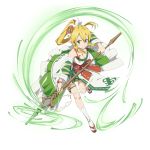  1girl blonde_hair bow breasts cleavage detached_sleeves floating_hair full_body green_eyes hair_bow hair_ornament high_ponytail highres holding holding_staff large_breasts leafa leaning_forward one_leg_raised pointy_ears red_ribbon ribbon ribbon-trimmed_sleeves ribbon_trim smile solo staff sword_art_online thigh_strap transparent_background white_legwear wrist_ribbon 