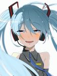  1girl :d blue_eyes blue_hair blue_necktie crying crying_with_eyes_open dated detached_sleeves eyebrows_visible_through_hair floating_hair grey_shirt hair_between_eyes hair_ornament hatsune_miku headphones long_hair microphone necktie open_mouth portrait shirt simple_background sleeveless sleeveless_shirt smile solo tears twintails very_long_hair vocaloid white_background 