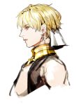  1boy bangs bare_shoulders black_jacket blonde_hair collar earrings eyebrows_visible_through_hair fate/grand_order fate_(series) gilgamesh gilgamesh_(caster)_(fate) jacket jewelry looking_away male_focus necklace open_clothes open_jacket parted_lips profile red_eyes simple_background sleeveless_jacket solo white_background yosi135 
