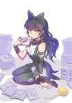  1girl black_hair blake_belladonna bow commentary_request hair_bow iesupa manga_(object) pile_of_books product_placement rwby solo yarn_ball 