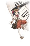  1girl :o bag black_eyes black_hair brown_gloves brown_shoes clock_hands dangling fingerless_gloves flower full_body gloves goggles goggles_on_headwear hair_flower hair_ornament highres looking_at_viewer official_art orange_shorts princess_principal princess_principal_game_of_mission shoes shorts solo suspenders toudou_chise 