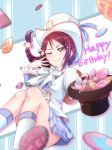  &gt;;) 1girl blurry blush bow bowtie braid cookie depth_of_field food food_writing frilled_sleeves frills hair_ornament hairclip hand_on_own_face happy_birthday hat hat_ribbon highres holding holding_hat kanabun love_live! love_live!_sunshine!! plaid plaid_skirt pleated_skirt redhead ribbon sakurauchi_riko single_braid sitting skirt solo sparkle striped striped_background top_hat vertical_stripes yellow_eyes 