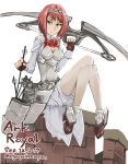  1girl 2017 ark_royal_(kantai_collection) arrow blue_eyes bob_cut bow_(weapon) breasts castle character_name cleavage_cutout compound_bow dated engacyo_(engacyo39800yen) fingerless_gloves gloves hairband highres kantai_collection long_sleeves pantyhose quiver red_ribbon redhead ribbon short_hair shorts sitting small_breasts solo tiara twitter_username weapon white_legwear white_shorts 