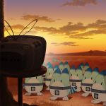  clouds commentary iguana_(animal) kemono_friends lucky_beast_(kemono_friends) no_humans sunset tatsuki_(irodori) television tree watching_television 