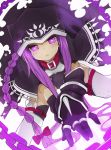  1girl bell bell_collar blush braid cape chains collar copyright_request detached_sleeves gloves glowing glowing_eyes hair_ribbon hat highres izuoku jewelry legband long_hair looking_at_viewer parted_lips purple_hair red_collar red_ribbon ribbon ring simple_background solo thigh-highs torn_cape tress_ribbon violet_eyes white_background 