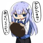  1girl blue_eyes blue_hair gochuumon_wa_usagi_desu_ka? hair_ornament holding holding_tray kafuu_chino kanikama long_hair looking_at_viewer looking_to_the_side lowres rabbit_house_uniform simple_background solo speech_bubble translated tray white_background x_hair_ornament 