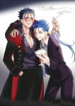 &gt;:d 1boy :d alcohol black_jacket blue_eyes blue_necktie blue_shirt cigarette cu_chulainn_alter_(fate/grand_order) cup drinking_glass dual_persona fate/grand_order fate/stay_night fate_(series) fhalei fur_trim hair_tubes hand_in_pocket holding holding_cigarette holding_drinking_glass hug jacket jewelry lancer leaning_on_person long_hair looking_at_viewer male_focus necklace necktie one_eye_closed open_mouth parted_lips pointy_hair ponytail red_eyes shirt smile smoke smoking standing wine 