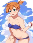  1girl :d bandeau bare_shoulders bent_over bikini blue_bikini blue_sky breasts cowboy_shot day gluteal_fold green_eyes hand_on_own_thigh highres kasumi_(pokemon) leaning_forward moisture_(chichi) navel open_mouth orange_hair outdoors poke_ball pokemon pokemon_(anime) short_hair short_sidetail sky small_breasts smile solo swimsuit 