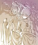  1boy 1girl back-to-back blush breasts cave clenched_hand closed_mouth collarbone cr72 height_difference holding holding_hair long_hair lyza made_in_abyss medium_breasts monochrome profile scar sepia short_hair sketch smile sweatdrop topless torka undressing whistle 