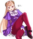  1girl ass blonde_hair breasts capcom_fighting_jam highres ingrid legs_crossed long_hair looking_at_viewer purple_legwear red_eyes simple_background sitting solo tetsu_(kimuchi) very_long_hair white_background 