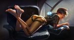  1girl armchair ass barefoot bodysuit bomber_jacket breasts brown_eyes brown_jacket chair feet harness jacket leather leather_jacket orange_bodysuit overwatch pants parted_lips reclining solo spiky_hair tight tight_pants tracer_(overwatch) wang_chen 