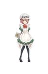  arms_behind_back black_legwear black_shoes dress full_body goggles goggles_on_headwear green_dress green_eyes hair_ornament hat highres holding holding_tray maid official_art pantyhose princess_principal princess_principal_game_of_mission redhead shoes short_hair solo standing tina_flywheel tray white_hat x_hair_ornament 