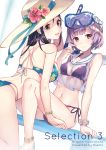  2girls bangs bikini blue_bikini blunt_bangs blush bob_cut cover cover_page doujin_cover dutch_angle eyebrows_visible_through_hair goggles goggles_on_head hair_between_eyes hat looking_at_viewer multiple_girls open_mouth original purple_bikini purple_hair sailor_collar sample shiny shiny_hair short_hair side-tie_bikini sidelocks sitting sleeveless smile snorkel sun_hat swimsuit violet_eyes weee_(raemz) 