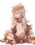  1girl =_= assault_rifle bare_shoulders bike_shorts blush_stickers cat commentary doodle g11 g11_(girls_frontline) girls_frontline grey_hair gun headband indian_style jacket kvlen long_hair off_shoulder open_mouth rifle shoes sitting sneakers solo weapon yawning 