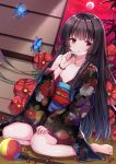  1girl ball barefoot black_hair bracelet breasts butterfly cherry dutch_angle enma_ai floral_print flower food fruit full_body gejigejier hand_on_own_knee hand_up hime_cut holding japanese_clothes jewelry jigoku_shoujo kimono long_hair looking_at_viewer obi obidome obijime off_shoulder painting_(object) poppy_(flower) red_eyes sash sitting sweat wall wide_sleeves yokozuwari 