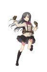  1girl backpack bag belt belt_pouch black_gloves black_hair black_skirt boots cross-laced_footwear gloves highres long_hair looking_at_viewer official_art open_mouth pocket princess_principal princess_principal_game_of_mission skirt sophie_mackenzie standing standing_on_one_leg violet_eyes watch 