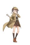  1girl ange_(princess_principal) ascot belt blue_eyes braid brown_hat brown_legwear brown_shoes brown_skirt detective full_body hand_on_own_chin hat highres jacket princess_principal princess_principal_game_of_mission shoes silver_hair skirt socks solo standing walking_stick 