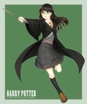  1girl artist_name black_hair black_legwear cds06 dated female genderswap genderswap_(mtf) glasses green_eyes harry_james_potter harry_potter highres kneehighs long_hair long_sleeves necktie pleated_skirt school_uniform shoes skirt solo sweater wand 