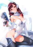  1girl animal_ears ataruman bare_shoulders brown_eyes brown_hair d.va_(overwatch) elbow_gloves facepaint facial_mark fake_animal_ears gloves gun handgun headphones highres leotard long_hair overwatch rabbit_ears thigh-highs weapon whisker_markings 