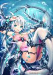  1girl akkijin blue_eyes blue_hair gauntlets ice ice_stone leviathan_(shinkai_no_valkyrie) low_wings mermaid monster_girl shinkai_no_valkyrie solo swimsuit tail underwater wings 
