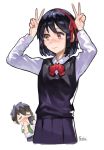  1boy 1girl =_= absurdres bangs black_hair black_shirt black_skirt blush blush_stickers brown_eyes brown_hair cellphone closed_mouth commentary_request double_v green_necktie hairband hands_up highres holding holding_phone kimi_no_na_wa long_sleeves looking_at_another miyamizu_mitsuha neck_ribbon necktie outline phone pleated_skirt red_hairband red_ribbon ribbon school_uniform shirt short_hair signature simple_background skirt smartphone sohn_woohyoung tachibana_taki taking_picture v white_background white_shirt 