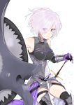  1girl armor armored_boots armpits black_legwear black_leotard boots breasts breasts_apart eyes_visible_through_hair fate/grand_order fate_(series) gloves hair_over_one_eye highres leotard medium_breasts pinch_(nesume) shielder_(fate/grand_order) short_hair silver_hair simple_background solo standing thigh-highs thigh_strap violet_eyes white_background 
