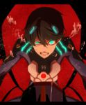  1boy black_hair blue_eyes bodysuit bubble evangelion:_2.0_you_can_(not)_advance flood glowing glowing_eyes horikawa_kunihiro kyoujixxxx lcl male_focus multicolored multicolored_bodysuit multicolored_clothes neon_genesis_evangelion neon_trim parody plugsuit rebuild_of_evangelion solo touken_ranbu underwater 