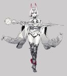  1girl armor bangs bare_shoulders barefoot blunt_bangs bob_cut breasts diadem eyebrows_visible_through_hair fate/grand_order fate_(series) full_body gem grey_background greyscale highres holding holding_sword holding_weapon horns japanese_clothes kimono knee_pads legband lipstick looking_at_viewer makeup monochrome obi off_shoulder oni_horns parted_lips pink_lips pink_lipstick sash short_eyebrows short_hair shuten_douji_(fate/grand_order) simple_background small_breasts smile solo spot_color standing sword thigh_gap violet_eyes weapon yosi135 