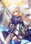  1girl armor armored_dress banner black_legwear black_ribbon blonde_hair blue_dress blue_eyes braid breasts breasts_apart chains dress eyebrows_visible_through_hair fate/apocrypha fate_(series) gauntelts hair_between_eyes hair_ribbon hand_on_hip head_tilt highres holding holding_weapon kyuu_(chiu850513) large_breasts long_hair looking_at_viewer low-tied_long_hair parted_lips ribbon ruler_(fate/apocrypha) sheath sheathed shiny shiny_clothes single_braid smile solo standing sword thigh-highs very_long_hair weapon 