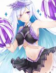  1girl blush breasts cheerleader fate/prototype fate_(series) hsiao lancer_(fate/prototype_fragments) long_hair navel pom_poms silver_hair skirt smile solo star very_long_hair violet_eyes wind wind_lift 