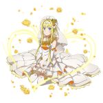  1girl alice_schuberg blonde_hair blue_eyes bridal_veil choker detached_sleeves dress flower full_body grey_dress hair_flower hair_ornament hairband heart highres kneeling orange_ribbon ribbon ribbon_choker see-through short_hair_with_long_locks sidelocks sleeveless sleeveless_dress solo sword_art_online thigh-highs transparent_background veil white_hairband white_legwear yellow_flower 