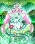  1girl blush braid capelet cure_felice cure_felice_(alexandrite_style) dress flower full_body green_capelet green_dress hair_bun hair_flower hair_ornament hanami_kotoha highres long_hair long_sleeves looking_at_viewer mahou_girls_precure! official_art parted_bangs pink_hair precure precure_connection_puzzlun red_flower red_footwear solo third-party_source twin_braids very_long_hair 