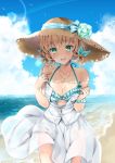  1girl :d alternate_costume aqua_bikini bangs beach bikini bikini_under_clothes blonde_hair blue_ribbon blue_sky blush bracelet breasts brown_hat casual cleavage clouds collarbone colored_eyelashes day eyebrows_visible_through_hair flower frilled_bikini frills glint green_eyes hair_ribbon halterneck hat hat_flower hat_ribbon horizon jewelry lens_flare looking_at_viewer medium_breasts natalia_luzu_kimlasca_lanvaldear necklace ocean off_shoulder open_clothes open_mouth open_shirt outdoors pendant ribbon see-through shirt short_hair shuragyoku_mami side-tie_bikini skirt sky smile solo sparkle straw_hat sun_hat swimsuit tales_of_(series) tales_of_the_abyss undressing water white_shirt white_skirt 