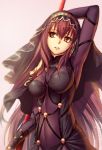  1girl arm_up armpits bodysuit breasts breasts_apart brown_hair eyebrows_visible_through_hair fate/grand_order fate_(series) hair_between_eyes holding holding_weapon long_hair looking_away medium_breasts metto pink_background polearm red_eyes scathach_(fate/grand_order) simple_background solo spear standing upper_body very_long_hair weapon 