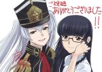  2girls :d artist_name blue_hair glasses gunpuku_no_himegimi hair_tucking hat highres hiroe_rei looking_at_viewer military military_uniform multiple_girls official_art open_mouth re:creators shimazaki_setsuna side_braids signature smile uniform white_hair 