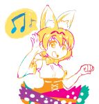  1girl animal_ears beamed_quavers bow bowtie cowboy_shot dot_nose elbow_gloves extra_ears eyebrows_visible_through_hair gloves high-waist_skirt highres kemono_friends musical_note open_mouth quaver round_teeth serval_(kemono_friends) serval_ears serval_print shirt simple_background skirt sleeveless sleeveless_shirt solo speech_bubble teeth triple-q white_background 
