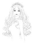  1girl bare_shoulders breasts commentary_request eyebrows_visible_through_hair eyes greyscale highres lineart lipstick long_hair looking_at_viewer makeup medium_breasts monochrome parted_lips simple_background sketch smile solo white_background wreath yosi135 