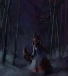  1girl animal_ears bamboo bamboo_forest brooch brown_hair dress fingernails forest glowing glowing_eyes highres imaizumi_kagerou jewelry light_smile long_fingernails long_sleeves nail_polish nature night outdoors red_eyes red_nails reddizen solo tail touhou wide_sleeves wolf_ears wolf_tail 