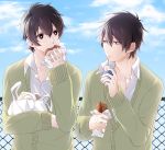  2boys black_hair curry_bread eating food food_in_mouth kagerou_project kisaragi_shintarou kokonose_haruka milk milk_carton mole mole_under_eye multiple_boys reano school_uniform short_hair yakisobapan 