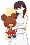  1girl aida_rikako bangs bear braid brown_eyes brown_hair character_name chu_kai_man dress english grin highres holding jackie_(kuma_no_gakkou) kuma_no_gakkou:_patissier_jackie_to_ohisama_no_sweet long_hair seiyuu seiyuu_connection sleeveless sleeveless_dress smile stuffed_animal stuffed_toy teddy_bear twin_braids white_dress 