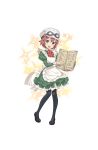  1girl :d aqua_eyes black_shoes dress full_body goggles goggles_on_headwear green_dress hair_ornament hat highres maid menu official_art open_mouth pantyhose princess_principal princess_principal_game_of_mission redhead shoes short_hair smile solo standing tina_flywheel white_hat x_hair_ornament 