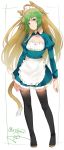  1girl ahoge alternate_costume animal_ears apron archer_of_red blonde_hair cat_ears cat_tail closed_mouth enmaided fate/apocrypha fate_(series) full_body green_eyes green_hair highres isshiki_(ffmania7) long_hair long_sleeves looking_at_viewer maid maid_headdress multicolored_hair simple_background solo tail thigh-highs twitter_username two-tone_hair very_long_hair waist_apron white_background 